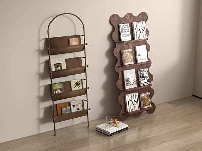Curved Metal Frame And Wave Shaped Wooden Bookshelves With Books And Decorations In Modern Interior 3d model
