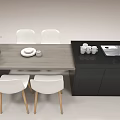 Dining Table Set with White Chairs Wooden Legs Black Cabinets Sink and Tableware