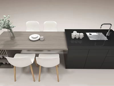 Dining Table Set with White Chairs Wooden Legs Black Cabinets Sink and Tableware 3d model