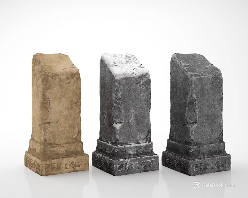 Three Stone Pillars With Different Colors Carved Bases And Textured Surfaces 3d model 