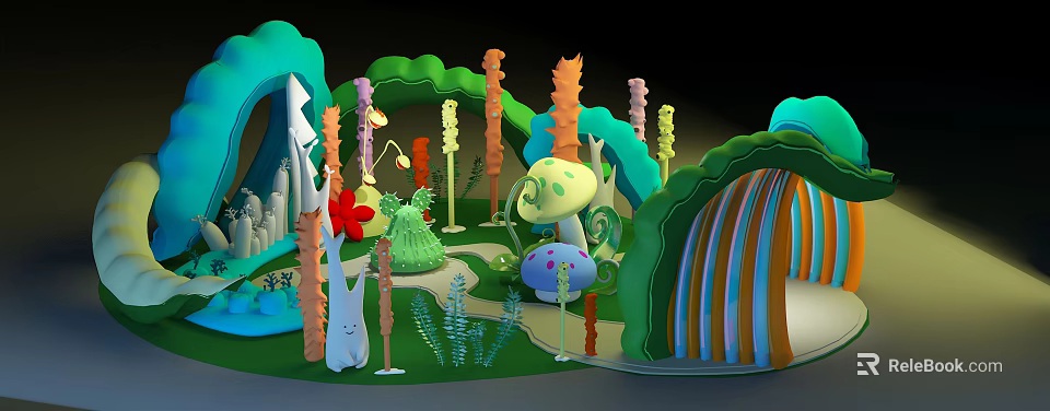 Enchanting Fantasy Forest Scene With Colorful Mushrooms Trees Rabbit Figure Vibrant Plants And Winding Path 3d model 
