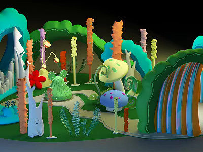 Enchanting Fantasy Forest Scene With Colorful Mushrooms Trees Rabbit Figure Vibrant Plants And Winding Path 3d model