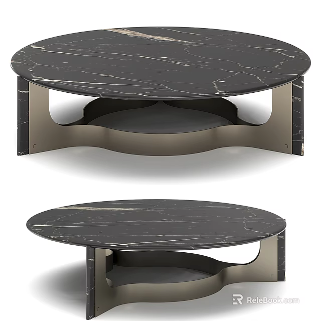 Sleek Modern Round Coffee Table Featuring Black Marble Top And Metal Base 3d model 