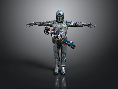 Armored Character In Silver Armor With Helmet Arms Outstretched And Waist Weapon 3d model