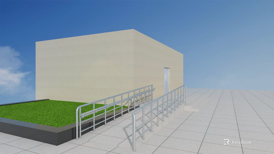 Outdoor Metal Railings Along Building Ramp with Green Grass and Gray Tiles 3d model 