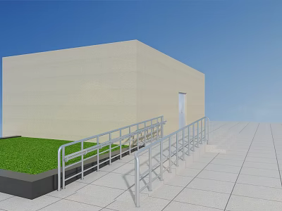 Outdoor Metal Railings Along Building Ramp with Green Grass and Gray Tiles 3d model