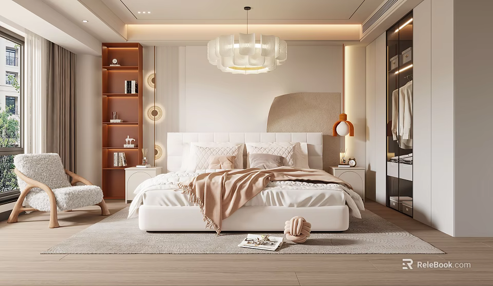Modern Bedroom Interior Design With White Bed Pillows Throw Blanket And Chandelier 3d model 
