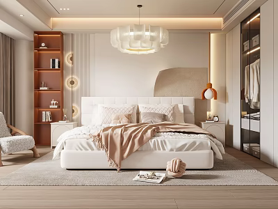 Modern Bedroom Interior Design With White Bed Pillows Throw Blanket And Chandelier 3d model