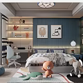 Cozy Kids Room Interior With Bed Desk Stuffed Toys And Blue Decorative Walls