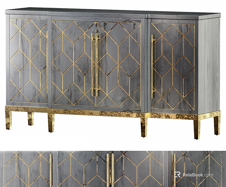 Elegant Gray Cabinet With Gold Geometric Patterns Handles And Legs 3d model 