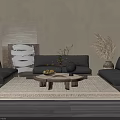 Modern Gray Sofa Coffee Table Combination With Abstract Painting Pampas Grass And Textured Rug