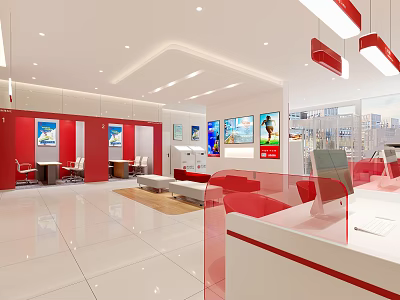 Modern Bank Interior With Red Counters Seating Digital Screens Bright Lighting And Large Windows 3d model