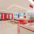 Modern Bank Interior With Red Counters Seating Digital Screens Bright Lighting And Large Windows 3d model