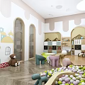 Colorful Kindergarten Indoor Space With Playful Chairs Round Table Wall Decorations And Toys