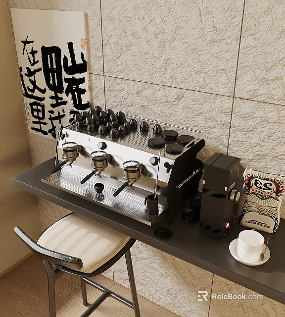 Coffee Making Tools With Espresso Machine Grinder And Cups On Gray Table Against Tile Wall 3d model 