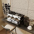 Coffee Making Tools With Espresso Machine Grinder And Cups On Gray Table Against Tile Wall