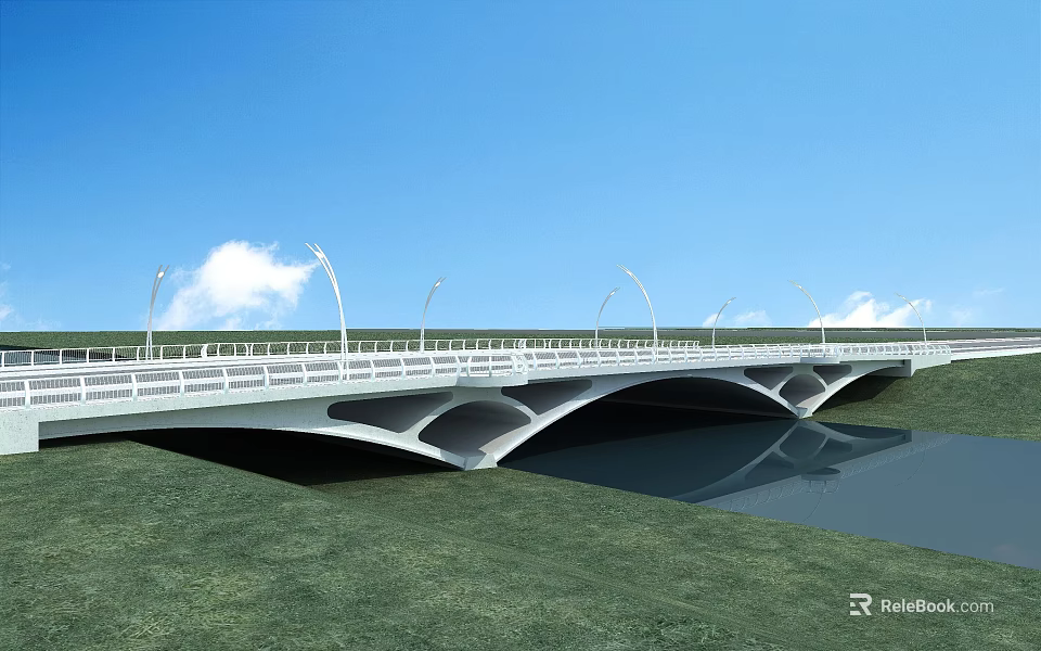 Modern Bridge With White Railings Street Lamps Over Water Reflection Blue Sky White Clouds 3d model 