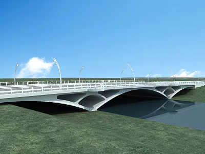 Modern Bridge With White Railings Street Lamps Over Water Reflection Blue Sky White Clouds 3d model