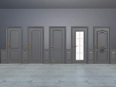 Various Gray Hinged Doors Featuring Different Panel Designs and Glass Insert 3d model
