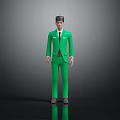 Man in Green Formal Suit and Hat Standing on Dark Background with Reflection