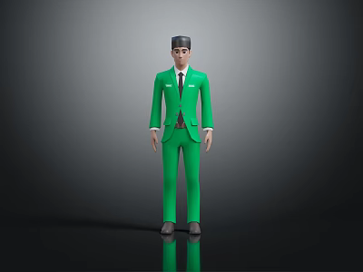 Man in Green Formal Suit and Hat Standing on Dark Background with Reflection 3d model