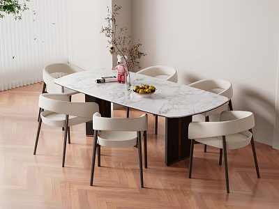 Modern Dining Table Set With Marble Top Six Upholstered Chairs Decorative Vase And Fruit Bowl 3d model