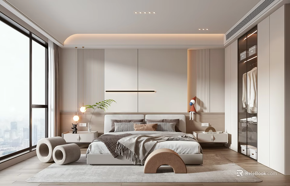 Modern Bedroom Interior Design With Comfortable Bed Nightstands Lamps Area Rug And Large Windows 3d model 
