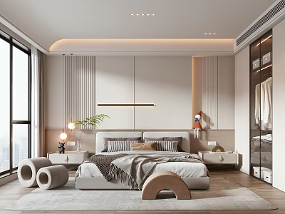 Modern Bedroom Interior Design With Comfortable Bed Nightstands Lamps Area Rug And Large Windows 3d model
