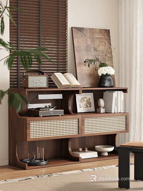 Wooden Entryway Cabinet Sideboard with Woven Rattan Drawers Open Books Radio and Flower Vase Decor 3d model 