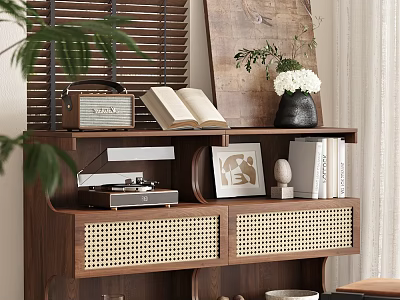 Wooden Entryway Cabinet Sideboard with Woven Rattan Drawers Open Books Radio and Flower Vase Decor 3d model