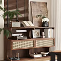 Wooden Entryway Cabinet Sideboard with Woven Rattan Drawers Open Books Radio and Flower Vase Decor