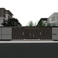 Modern Entrance Gate Design With Metal Grilles Steps Green Plants And Modern Building