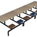Long Rectangular Dining Table Set With Wooden Tabletop Black Metal Frame And Blue Brown Seats 3d model