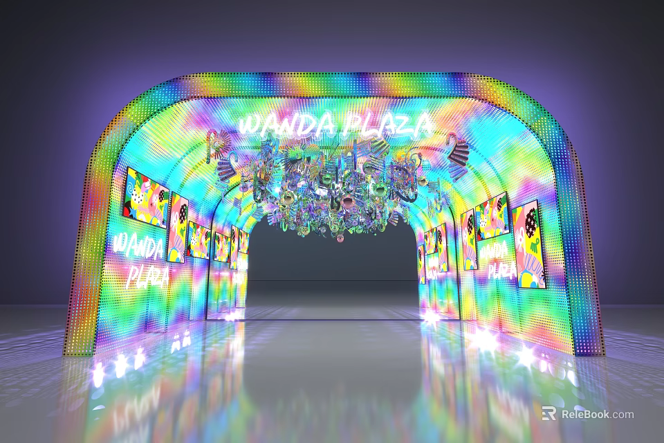 Colorful Wanda Plaza Event Entrance With Neon Lights Decorative Posters And Reflective Floor 3d model 