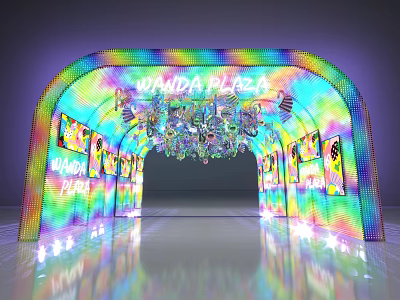 Colorful Wanda Plaza Event Entrance With Neon Lights Decorative Posters And Reflective Floor 3d model