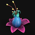 Colorful Floral Design With Pink Petals Blue Vase Like Structure And Yellow Stamens