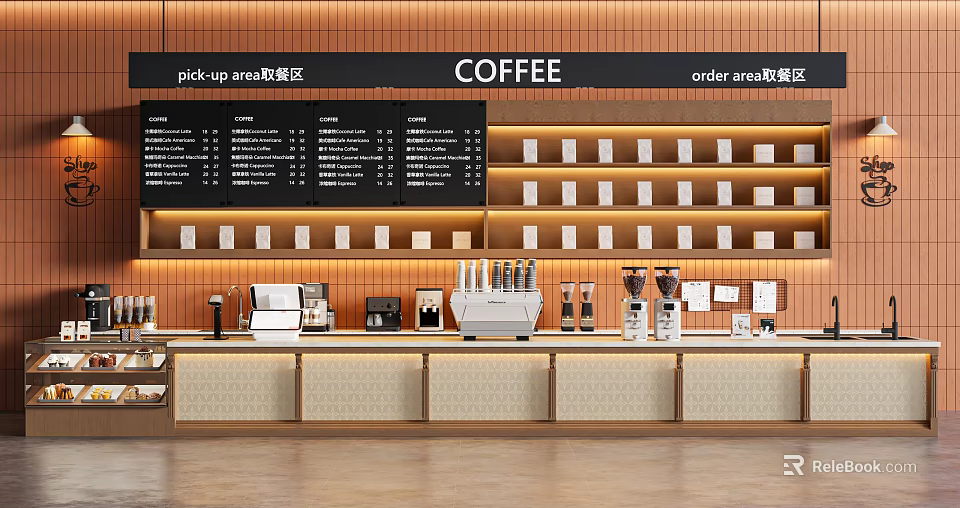 Modern Coffee Bar Counter With Menu Boards Pick Up Order Areas Coffee Machines And Shelves 3d model 
