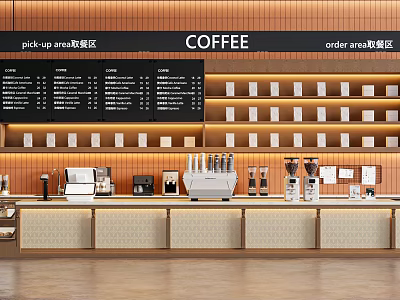 Modern Coffee Bar Counter With Menu Boards Pick Up Order Areas Coffee Machines And Shelves 3d model