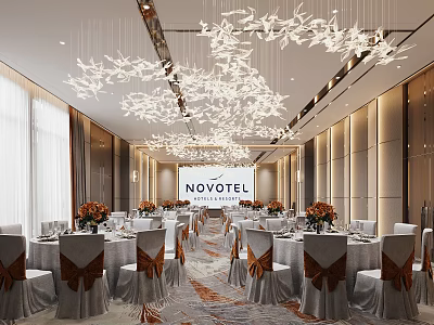 Elegant Novotel Banquet Hall Interior With Stylish Chandeliers Table Settings And Flower Centerpieces 3d model