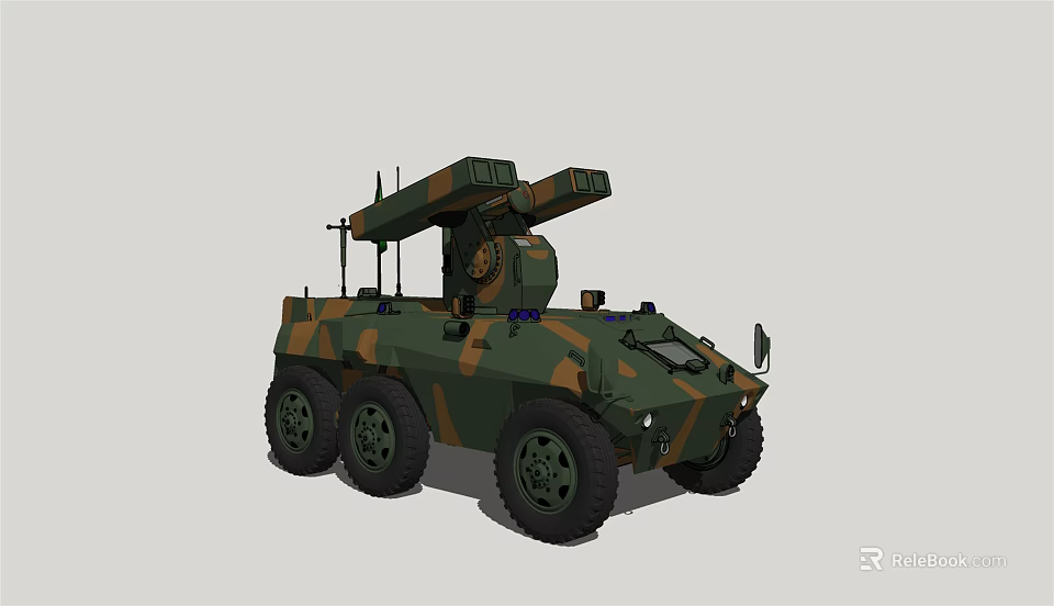 Military Camouflage Armored Tank with Six Wheels and Top Antenna Structure 3d model 