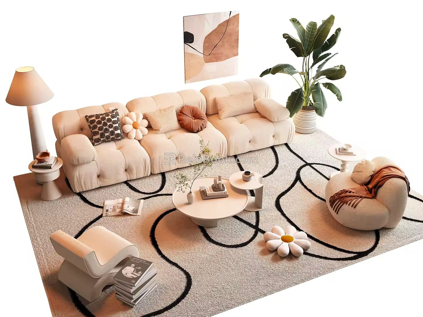 Sofa Coffee Table Combination Three-Person Sofa Multi-Person Sofa Mother and Mother Coffee Table Lazy Sofa Floor Lamp Potted Plant 3d model