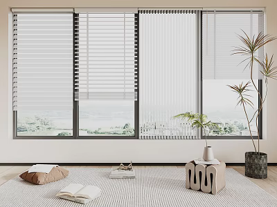 Stylish White Window Blinds in Cozy Interior with Natural Light and Plants 3d model