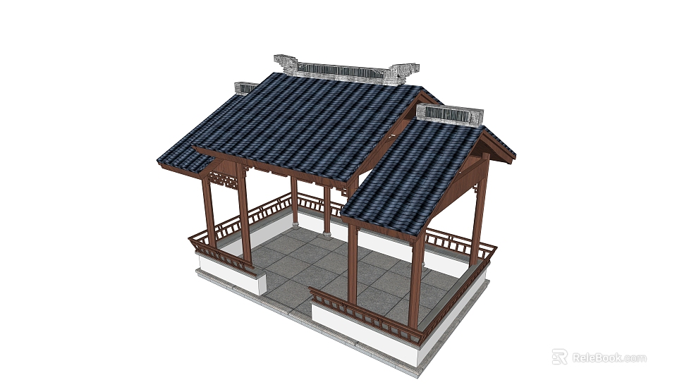 Chinese Traditional Pavilion Featuring Wooden Frame Black Tiled Roof Railings And Square Base 3d model 