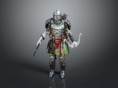 3D Rendered Armored Character With Sword Bow And Detailed Battle Gear 3d model