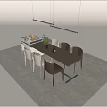 Stylish Dining Table Set Featuring Wooden Top Six Chairs Vase And Hanging Lights