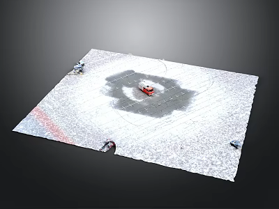 Red Car Parked on Snowy Ground with Small Figures in Winter Scene 3d model