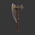 Ornate Battle Axe Weapon With Carved Metal Blade And Red Textured Handle