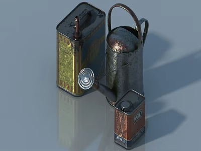 Vintage Metal Watering Can And Oil Can With Rustic Green Brown Finish 3d model