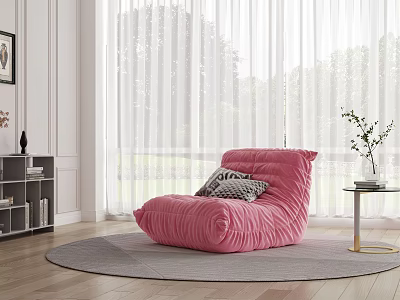 Pink Bean Bag Chair with Grey Rug in Living Room White Curtains Side Table Plant 3d model