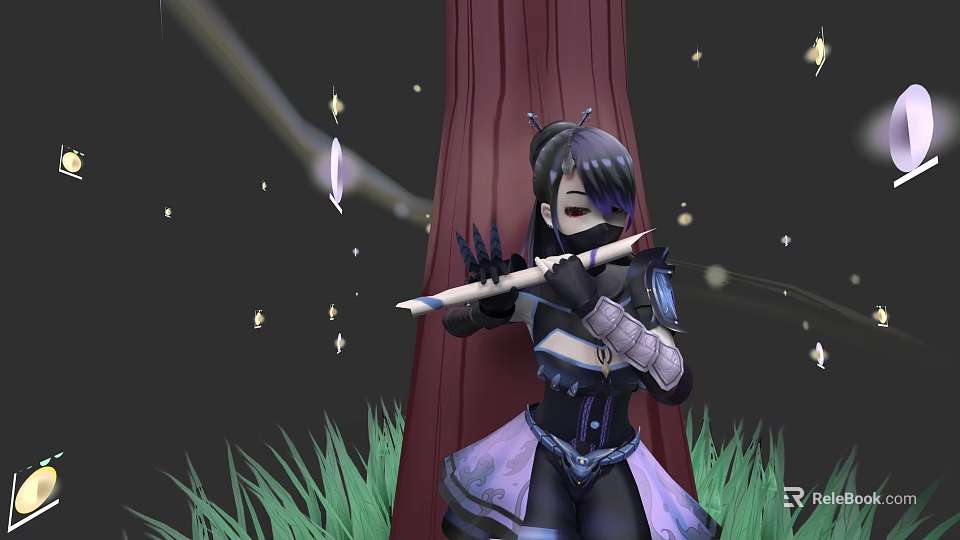 Woman in black and purple outfit playing flute beside large tree with fireflies 3d model 